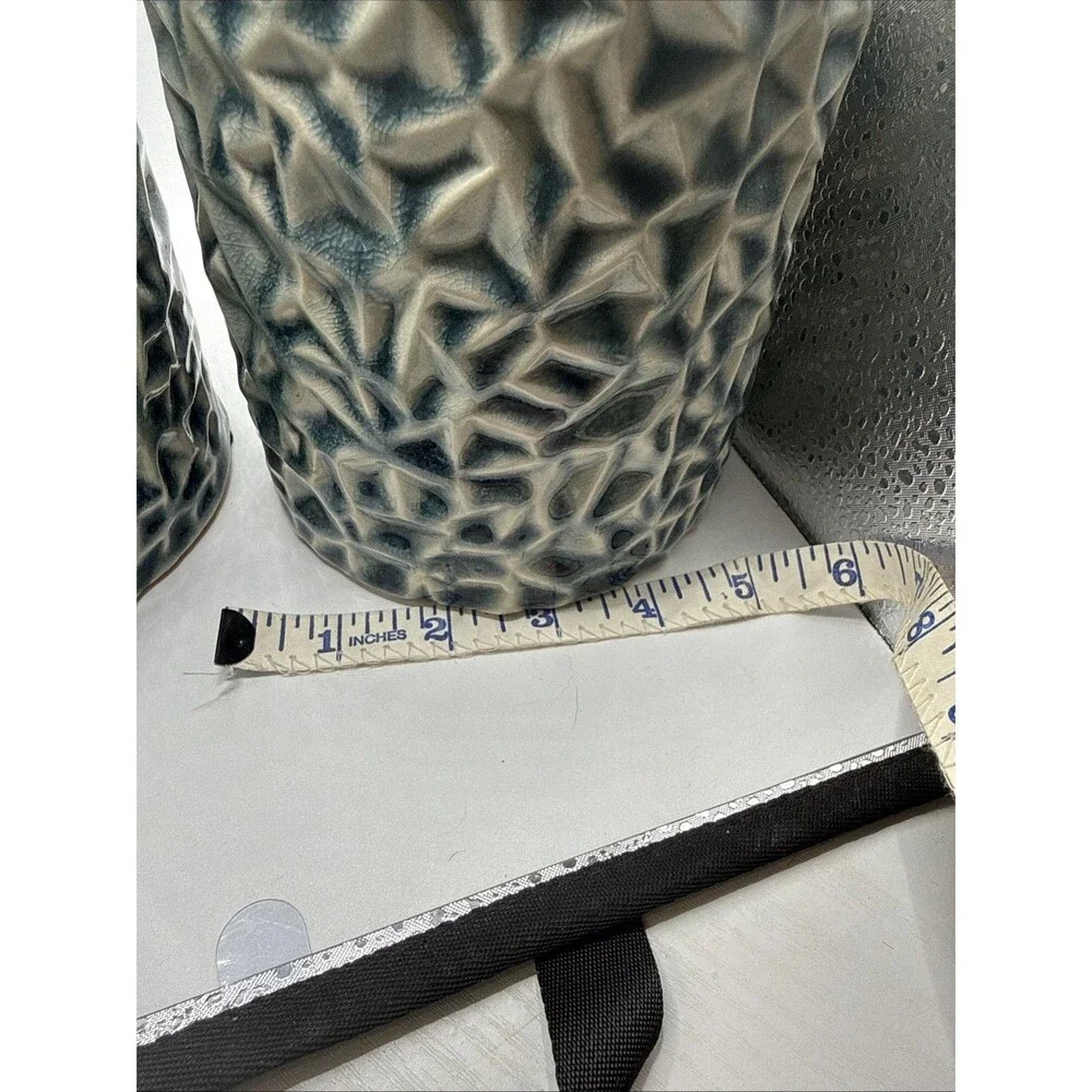 Set Of 2 Textured Blue And White Vases 6” And 8”Tall By 5” Diameter